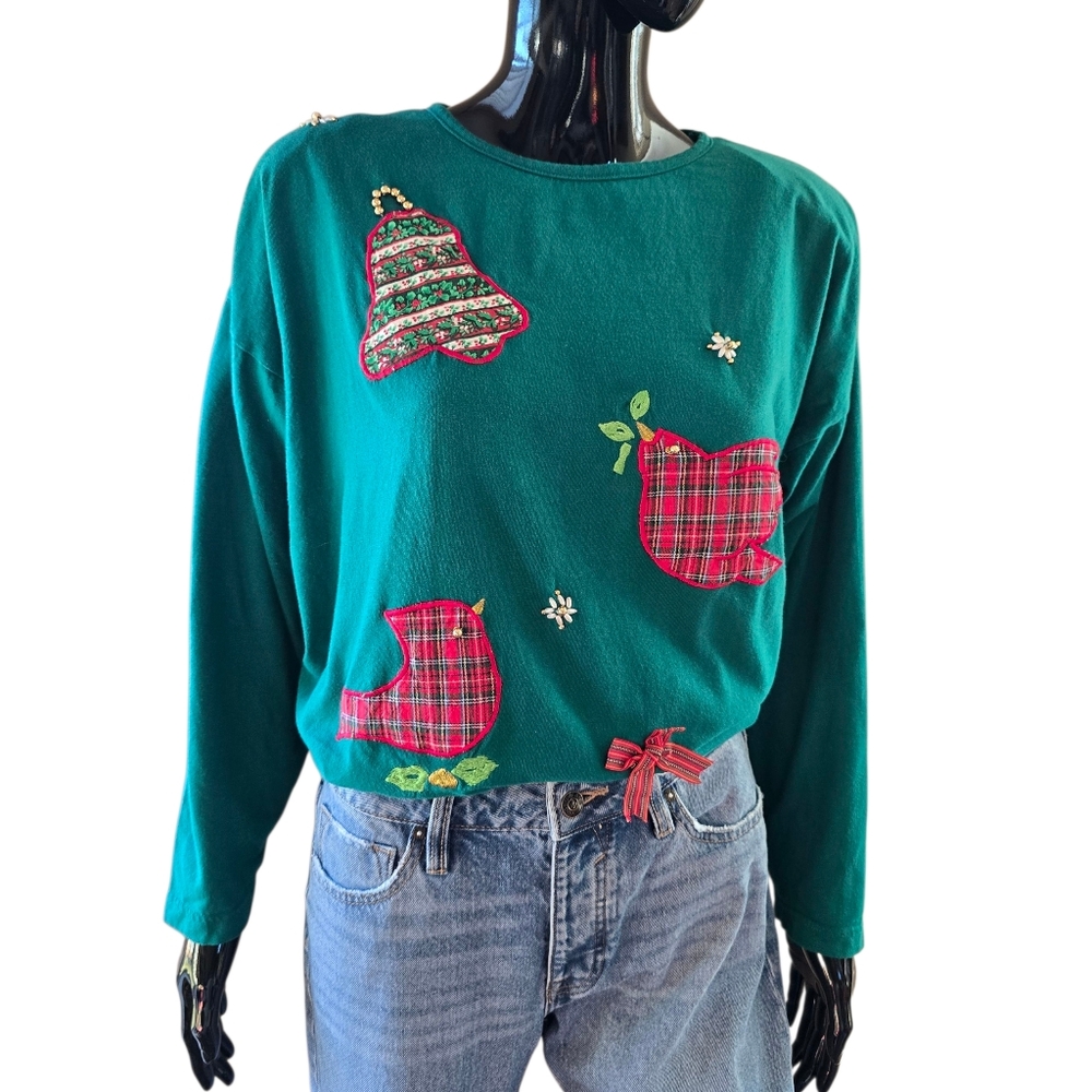 Vintage 90s Tacky Christmas Beaded T-Shirt by Victoria Jones | Size Large